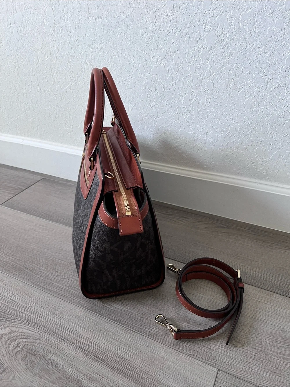 Michael Kors Signature MK Monogram Satchel Crossbody Bag Brown Luggage